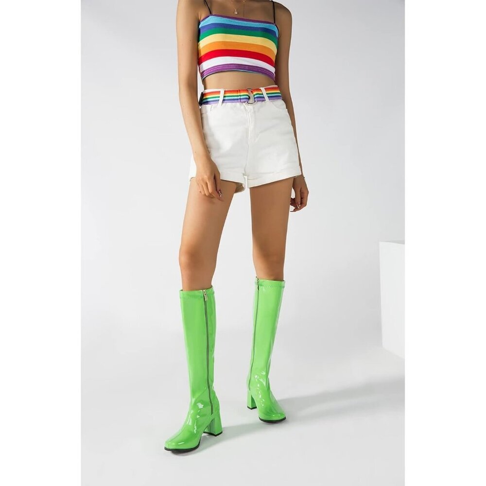 Women's Green Gogo Boots Knee High Block Heel Square Toe 60s 70s Disco Costume - Picture 6 of 7